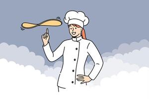 mulher chefe de cozinha cozinhar prepara massa para pizza ou delicioso torta, carrinhos entre nuvens do farinha vetor