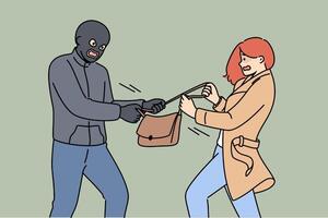 mascarado ladrão leva saco a partir de assustado mulher quem gritos para Socorro a partir de polícia ou transeuntes vetor