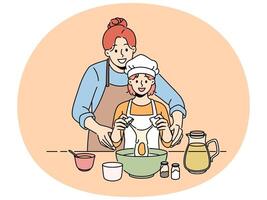 sorridente mãe cozinhar juntos com pequeno filha vetor