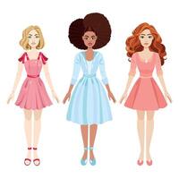 moda bonecas coleção. 3 bonecas com vestidos, loiro e Sombrio cabelo, encaracolado grandes e curto cabelo. modelos conceito. ilustração vetor