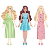 moda bonecas coleção. 3 bonecas com vestidos, loiro e Sombrio cabelo, encaracolado e em linha reta cabelo. ilustração vetor
