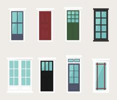 frente porta para casa definir. vários de madeira e plástico portas tipos dentro plano estilo. coleção do colorida portas para edifícios. ilustração vetor