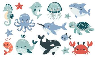 ilustração coleção dentro crianças escandinavo estilo. orca golfinho golfinho caranguejo medusa polvo peixe tartaruga Tubarão cavalo marinho camarão peixe-espada vetor
