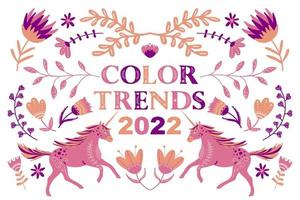 tendências de cores 2022. ilustração em cores da moda, com unicórnios e motivos florais. vetor