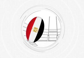 Egito bandeira em rúgbi bola, forrado círculo rúgbi ícone com bola dentro uma lotado estádio. vetor
