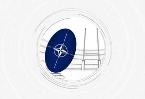 NATO bandeira em rúgbi bola, forrado círculo rúgbi ícone com bola dentro uma lotado estádio. vetor
