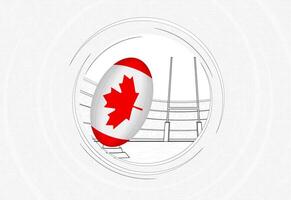 Canadá bandeira em rúgbi bola, forrado círculo rúgbi ícone com bola dentro uma lotado estádio. vetor