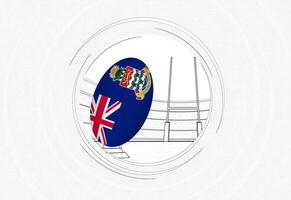 caimão ilhas bandeira em rúgbi bola, forrado círculo rúgbi ícone com bola dentro uma lotado estádio. vetor