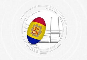 andorra bandeira em rúgbi bola, forrado círculo rúgbi ícone com bola dentro uma lotado estádio. vetor