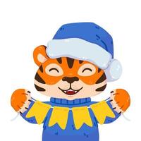 tigre sorridente com chapéu de Papai Noel, agasalho quente e sinalizadores de guirlanda festiva. animal do zodíaco chinês. símbolo do novo ano 2022, 2034. ilustração vetorial, isolada no fundo branco. vetor