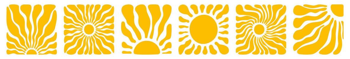 Sol groovy quadrado Projeto elementos definir. vários amarelo floral hippie poster modelos, mão desenhado abstrato ondulado padrões dentro moderno retro Matisse estilo. ilustração em transparente fundo vetor