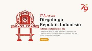 Indonésia independência dia bandeira. desenhado à mão lombok tradicional casa com na moda carimbo. 17 Agustus celebração vetor