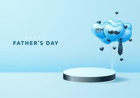 ilustração para do pai dia. pedestal ou pódio para demonstrando uma produtos com corações e balões em uma azul fundo. vetor