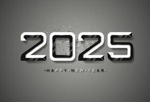 2025 Novo ano. abstrato ouro prata Preto branco gradiente números em uma Sombrio fundo com confete fogos de artifício vetor