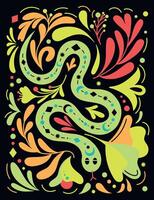 místico serpente ilustração dentro mão desenhado boho estilo com floral elementos. fantasia conceito mítico criatura, esotérico elementos. perfeito para tarot cartões, cartazes, camiseta gráfico. étnico Magia, néon vetor