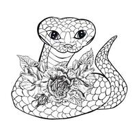 lindo e fofa com rosas flores Preto uma serpente serpente linha arte separadamente em uma branco fundo. desenho animado ilustração, página coloração livro. 2025 símbolo do a ano vetor