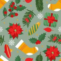 Natal festivo sem costura padrão para papel de embrulho ou tecido com diferentes elemets. ilustração vetorial em estilo simples vetor