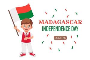Madagáscar independência dia. bandeira com fofa pequeno Garoto com Madagáscar bandeira. feriado ilustração. vetor