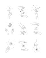 conjunto de mãos mágicas com cristais, penas e estrelas. ilustrações astrológicas de tarô vetor