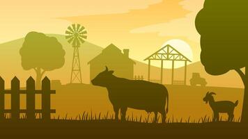 panorama ilustração do Fazenda silhueta com vaca e bode vetor