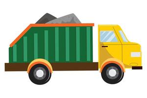 amarelo e verde caminhão transportando solo dentro uma deposito de lixo. plano desenho animado ilustração. vetor