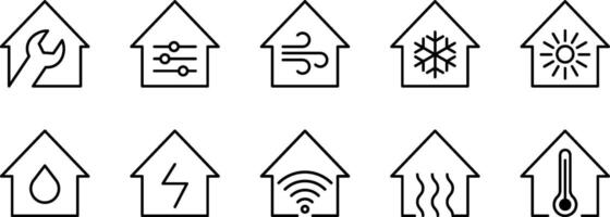 aquecimento resfriamento casa conceito ícone definir. instalar e serviço família dispositivo sistema símbolo coleção. vetor