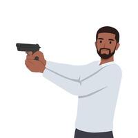jovem homem visando com pistola. masculino atirador segurando arma de fogo e Treinamento dentro tiroteio. vetor
