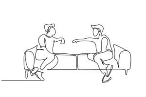 dois amigos relaxar sentado em sofá falando casa sofá frente Visão linha arte vetor