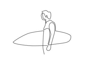 jovem Garoto surfar prancha de surfe água esporte estilo de vida linha arte vetor