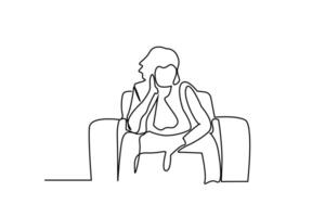 pensativo mulher sentado em sofá esperando posando linha arte vetor