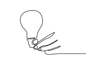 humano mão segurando luz lâmpada luminária linha arte vetor