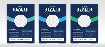 médico cuidados de saúde folheto Projeto com a4 3 cor folheto conjunto vetor