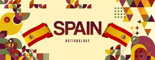espanhol nacional dia Largo bandeira dentro colorida moderno geométrico estilo. nacional e independência dia cumprimento cartão com Espanha bandeira. fundo a comemorar nacional feriado festa vetor