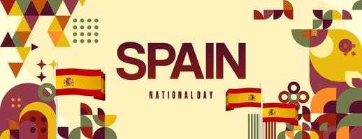 espanhol nacional dia Largo bandeira dentro colorida moderno geométrico estilo. nacional e independência dia cumprimento cartão com Espanha bandeira. fundo a comemorar nacional feriado festa vetor