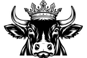 vintage vaca dentro coroa cabeça logotipo desenhado à mão ilustração do laticínios majestade. vetor
