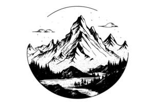 mão desenhado tinta esboço do montanha com pinho árvores panorama. gravado estilo logótipo ilustração. vetor