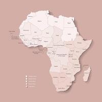 ilustração com africano continente com fronteiras do todos estados e nomes do país. político mapa dentro camelo Castanho com central, ocidental, sul e etc regiões. bege fundo vetor