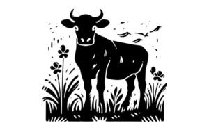 Preto vaca em a Relva silhueta para carne indústria ou agricultores mercado mão desenhado carimbo efeito ilustração. vetor