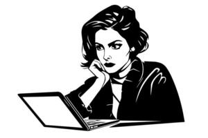 o negócio mulher com computador portátil mão desenhado tinta esboço. gravado estilo ilustração. vetor