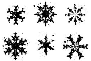 grunge linóleo cortar flocos de neve selos coleção pacote. angustiado texturas definir. em branco geométrico formas. ilustração. vetor