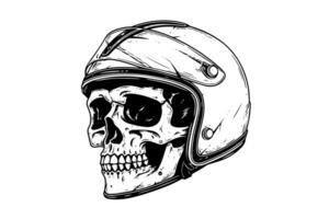 crânio dentro uma motocicleta capacete mão desenhado tinta esboço. gravado estilo ilustração. vetor