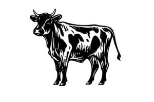 Preto vaca silhueta para carne indústria ou agricultores mercado mão desenhado carimbo efeito ilustração. vetor
