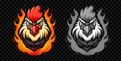 quente picante frango logotipo Projeto. galo mascote. emblema com frango cabeça dentro chamas. vetor