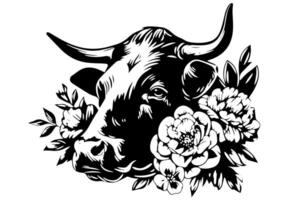 vintage vaca cabeça com flores logotipo desenhado à mão ilustração do laticínios majestade. vetor