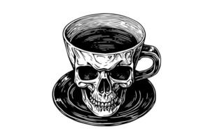 crânio copo com café mão desenhado tinta esboço. gravado estilo ilustração. vetor