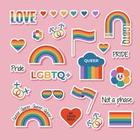 conjunto do lgbtq adesivo com arco Iris bandeira elementos, gênero sinais, orgulho mês símbolos, slogan e frases. gay parada celebração. vetor