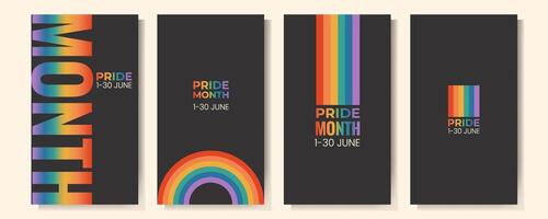 conjunto do lgbtq orgulho mês vertical bandeira, cartão, poster modelo com arco Iris bandeira. gay parada celebração. ilustração em Preto fundo vetor