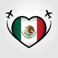 México viagem coração bandeira com avião ícones vetor