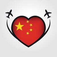 China viagem coração bandeira com avião ícones vetor