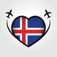 Islândia viagem coração bandeira com avião ícones vetor